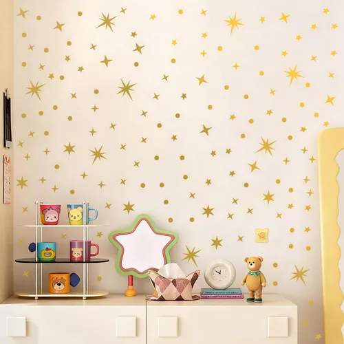 Vista 2 de Calcomanías de pared vintage con estrellas doradas, 5 hojas, 210 unidades, calcomanías con estrellas y puntos, calcomanías de arte de pared