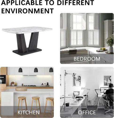 Vista 4 de Juego de mesa de comedor para 6, juego de mesa de comedor de mármol para 6, juego de 6 sillas de mesa de cocina con base de madera, juego de mesa