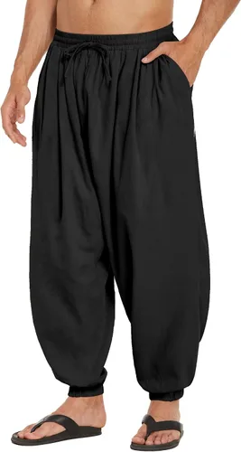 Vista 2 de COOFANDY Pantalones harén de algodón para hombre, casuales, holgados, de lino, hippie
