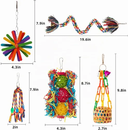 Vista 7 de Juguetes para pájaros, periquitos, juguete para masticar, triturar, forrajear, juguetes con cuerda, perca, juguetes para colgar, accesorios