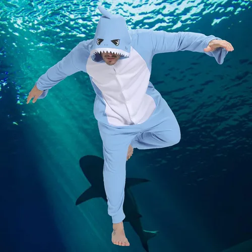 Vista 6 de Pijama de tiburón para adultos, disfraz de cosplay de tiburón, de una pieza, ropa de dormir de caricatura, mameluco de tiburón para mujeres y hombres