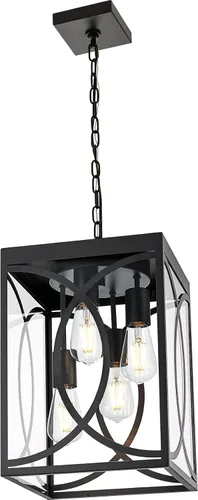 Vista 11 de Lámparas colgantes para exteriores, moderna linterna colgante exterior de 3 luces, panel de cristal transparente, candelabro grande negro para Negro