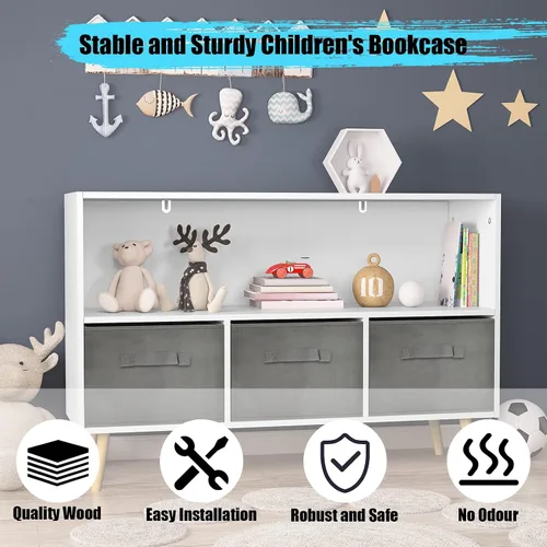 Vista 5 de Estantería para niños, organizador de almacenamiento de juguetes, estantería para niños con 3 cajones de tela plegables y patas de madera