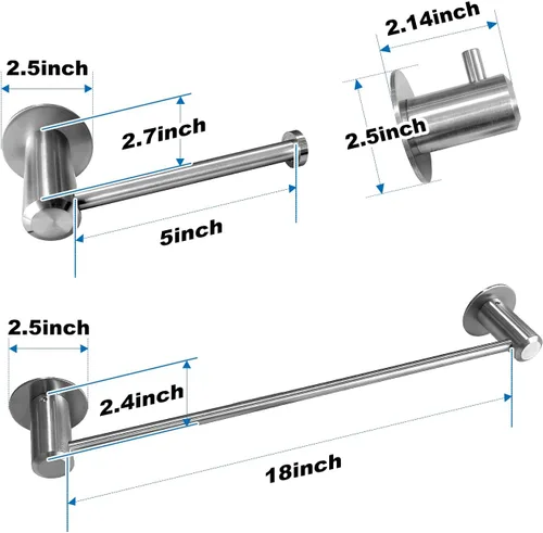 Vista 7 de Juego de accesorios de baño, toalleros de acero inoxidable 304 de 18 pulgadas, soporte para papel, ganchos para toallas de baño, níquel cepillado