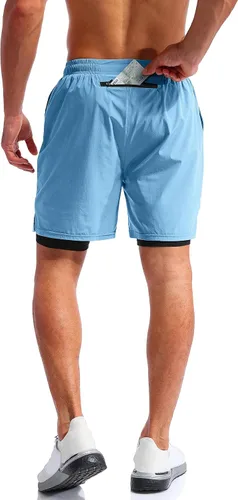 Vista 4 de Pudolla Mens 2 in 1 Running Shorts 7" Quick Dry Gym Athletic Workout Shorts for Men with Phone Pockets