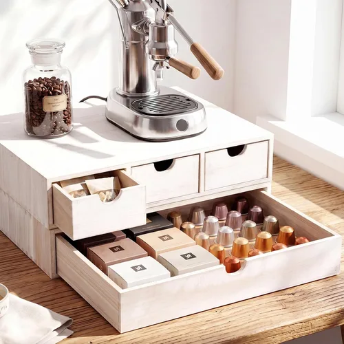 Vista 10 de Caja de té de café con cajón de madera para cápsulas, cuádruple, Negro