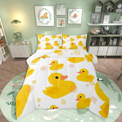 Vista 33 de Erosebridal Juego de ropa de cama a cuadros azul para niños, juego de cama individual con diseño de patos amarillos de dibujos animados, juego