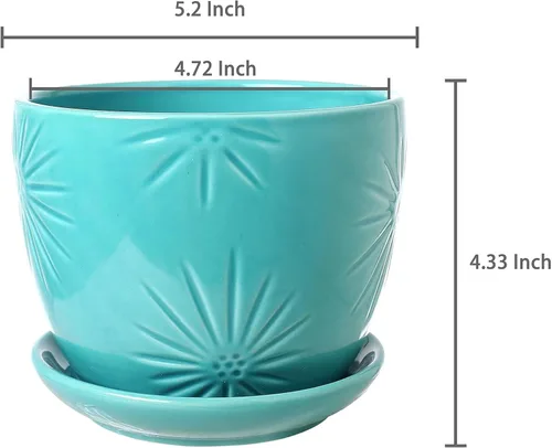 Vista 5 de MyGift - Juego de 2 macetas de cerámica con diseño de rayos de sol, macetas decorativas con platillos, Moderno, S, Agua (Aqua)