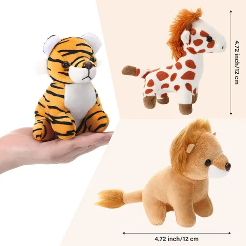 Vista 2 de Juego de 7 animales de peluche de safari de 4.72 pulgadas de la selva, incluye jirafa, tigre, león, oso, elefante, cebra, para fiestas temáticas