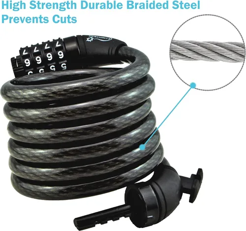 Vista 2 de Lumintrail Cable antirrobo de bloqueo de bicicleta de 6 pies, cerradura de combinación con soporte de montaje (1 paquete, azul)