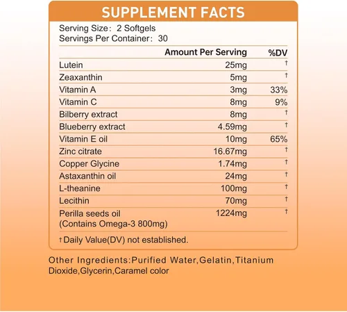 Vista 2 de Vitaminas oculares 14 en 1, 25 mg de luteína, 5 mg de zeaxantina, 24 mg de astaxantina, 800 mg de omega-3 y 100 mg de L-teanina, apoya la salud