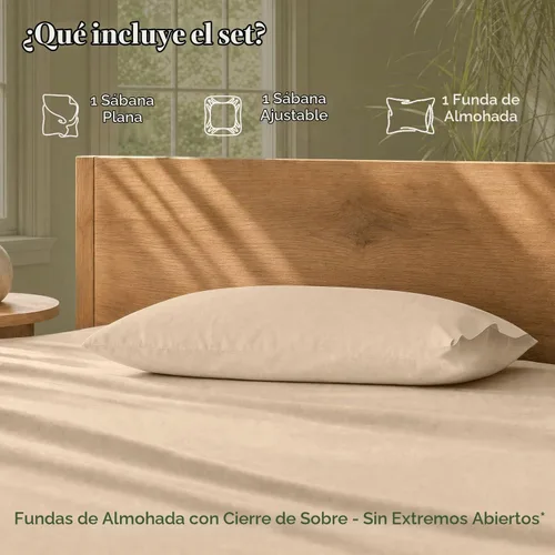 Vista 3 de Threadmill Juego de sábanas individuales de algodón orgánico, percal beige, 3 piezas, Oeko-TEX
