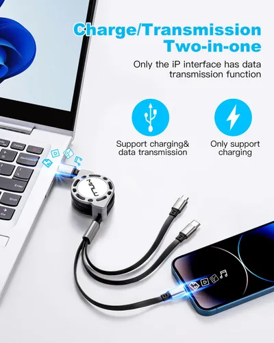 Vista 10 de Cable de carga múltiple 3A, [2 unidades de 4 pies] cable de carga múltiple retráctil 3 en 1, cable de carga rápida, adaptador de cargador USB C