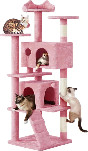 Vista 20 de Yaheetech - Torre de árbol para gatos de 62 pulgadas, torre para gatitos de interior, muebles para mascotas con doble refugio, postes para rascar
