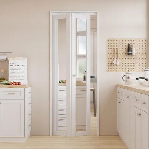 Vista 6 de Puertas plegables para apertura de 24 x 80 pulgadas. Puerta de armario plegable con espejo con perilla y kit de herramientas, puerta