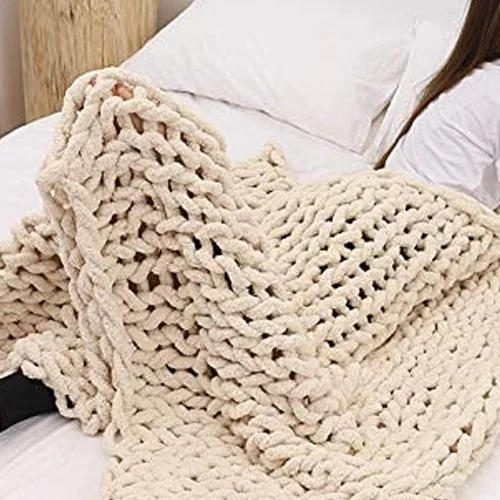 Vista 6 de Manta de punto grueso de felpilla beige, hecha a mano, voluminosa, suave, esponjosa, de gran tamaño, trenzada a mano, para sofá, regalo bohemio, 24