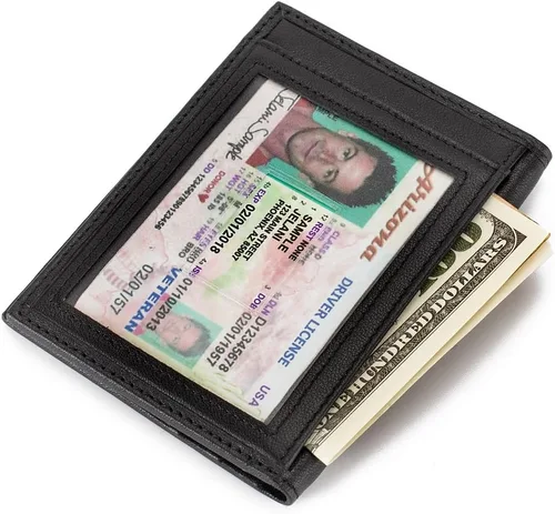 Vista 4 de Slim Bifold Front Pocket Wallet 2 ID ventana tarjeta de crédito titular de cuero genuino RFID bloqueo