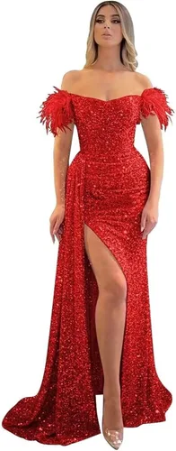 Vista 19 de Vestidos de fiesta de lentejuelas con hombros descubiertos, vestido formal de sirena brillante, vestido largo de fiesta de noche con abertura