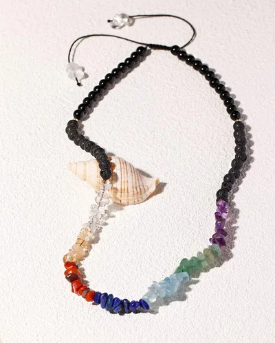 Vista 5 de Jewever Collar largo de 7 chakras para mujer, cristales curativos de Reiki y piedras preciosas, difusor de aceites esenciales, piedra de lava negra