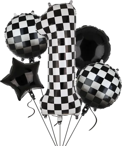 Vista 8 de Globo de números a cuadros de 40 pulgadas 0 globos de cumpleaños de coche de carreras en blanco y negro, globos de cumpleaños para bebé, hippie