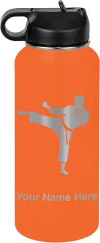 Vista 60 de Botella de agua personalizada LaserGram, Karate Man, de acero inoxidable con aislamiento al vacío de doble pared con tapa abatible, regalo grabado