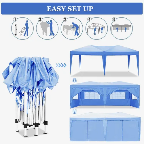 Vista 4 de 10x20 Azul Carpa Plegable para Exterior con 6 Paredes Laterales, Carpa para Bodas y Fiestas al Aire Libre Resistente al Agua para Fiestas UV50