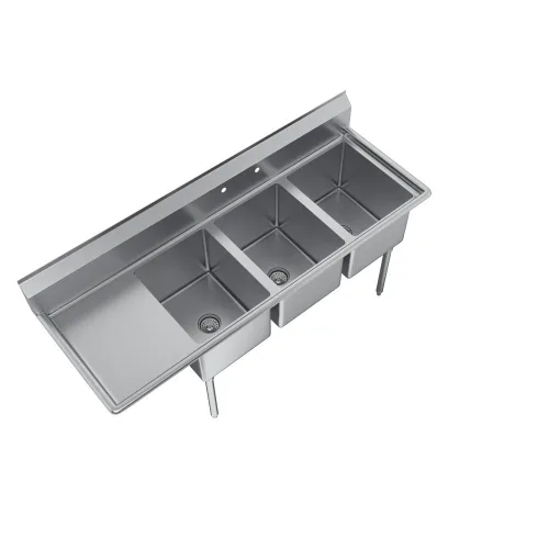 Vista 5 de Elkay Foodservice Fregadero de 3 compartimentos, OA de 58.5 x 29.75 pulgadas, altura de trabajo de 36 pulgadas, cuenco de 18 x 24 pulgadas, 14