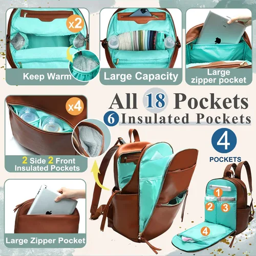 Vista 2 de MOMINSIDE Mochila para pañales, soporte organizador de cochecito con portavasos aislados, bolsa de bebé de cuero con 6 bolsillos aislados para mamá
