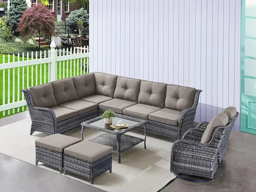 Vista 45 de HUMMUH Juego de 2 Sillas Giratorias Mecedoras de Mimbre para Patio Exterior, Juego de Muebles de Sillas Mecedoras de Ratán (Marrón, Azul) 50,000