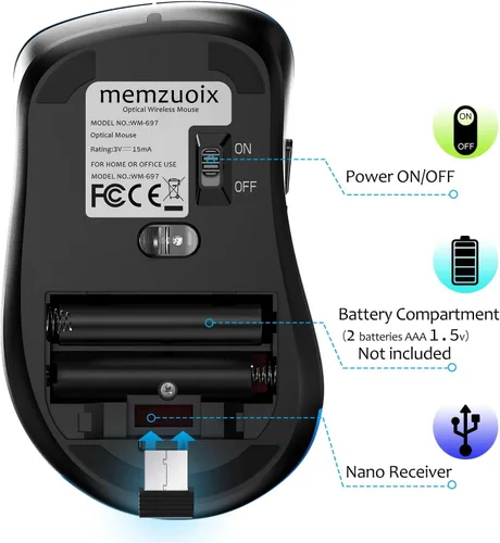 Vista 17 de memzuoix Ratón inalámbrico de 2.4G, mouse de computadora de 1400 DPI con receptor USB, ratones USB inalámbricos portátiles a batería para laptop