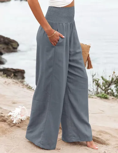 Vista 3 de GLIENST Pantalones palazzo casuales de pierna ancha para mujer, de cintura alta, fruncidos, con bolsillos, tallas S-XXL