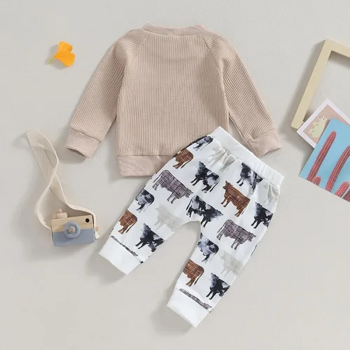 Vista 2 de Ropa occidental para bebé recién nacido, sudadera con estampado de vaca, sudadera y pantalones deportivos, conjunto de ropa para otoño e invierno
