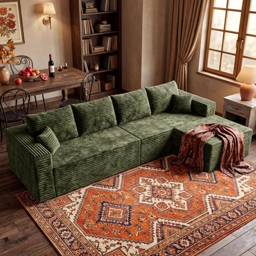 Vista 52 de Sofá modular en forma de L de 118 pulgadas, moderno sofá modular de pana de espuma viscoelástica de 4 plazas con otomana, asiento profundo tapizado