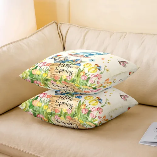 Vista 3 de Fundas de almohada de gnomo de tulipán, fundas de almohada florales de mariposa para sofá de cama del hogar, fundas de almohada cuadradas