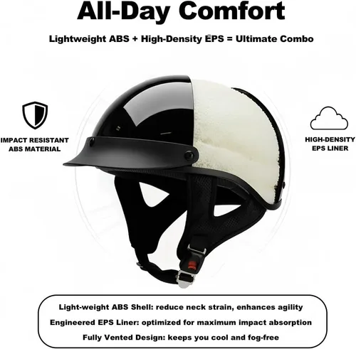 Vista 3 de Casco de media cara para motocicleta con cara abierta, aprobado por la DOT, para hombres, mujeres y motociclistas en patinete (negro brillante)