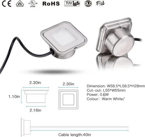 Vista 2 de Kit de 8 luces empotrables para cubierta cuadrada IP67, color Blanco cálido