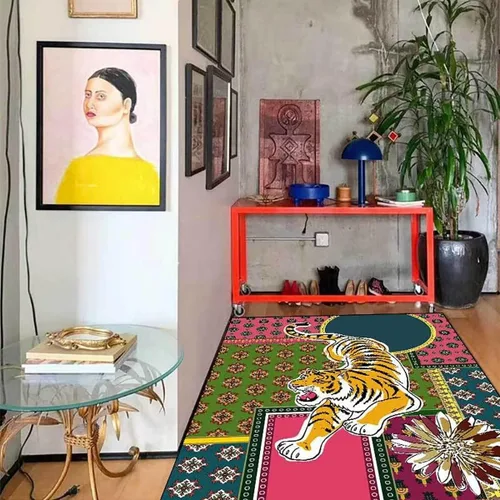 Vista 4 de Alfombra vintage de estilo bohemio con diseño de tigre para puerta de baño, 2 x 3 pies, alfombra pequeña para dormitorio, lavable, tapete de tigre