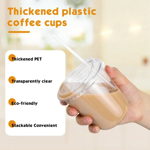 Vista 4 de Ziliny Paquete de 25 vasos de plástico transparente de 12 onzas con tapas para sorbos y pajitas, tazas desechables para café helado de cristal