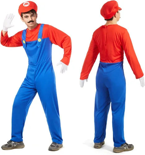 Vista 3 de Disfraz de Halloween para hombre adulto, traje de fontanero para cosplay con sombrero, guantes, bigote, accesorios