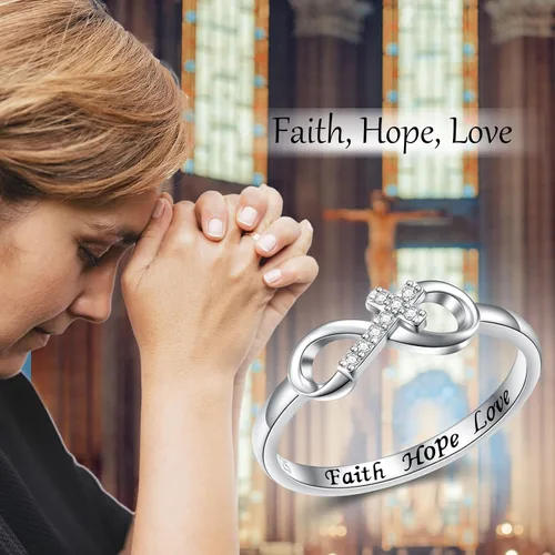 Vista 5 de DAOCHONG Anillo inspirador de plata de ley 925 grabada Faith Hope Love CZ Cross Infinity Ring para mujeres y niñas, regalo de Pascua