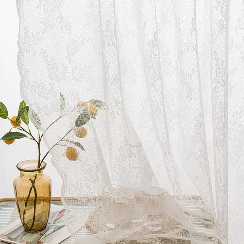 Vista 17 de Sutuo Home Juego de 2 cortinas de encaje beige, paneles transparentes de 63 pulgadas de largo, bordado floral de rosas, tratamiento de ventana
