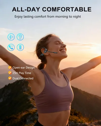 Vista 9 de Auriculares de oreja abierta con micrófono, auriculares Bluetooth a prueba de sudor de 0.99 oz con cancelación de ruido y silencio, 20 horas