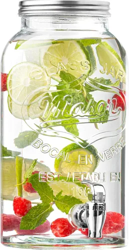 Vista 5 de Royalty Art Mason Jar - Dispensador de bebidas de vidrio con soporte, 1 galón de vidrio en relieve sin BPA, tapa plateada, soporte de metal negro