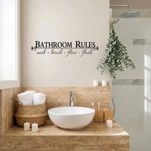 Vista 4 de Adhesivo decorativo para pared de baño con frase en inglés «Bathroom Rules Wash Brush Floss Flush»