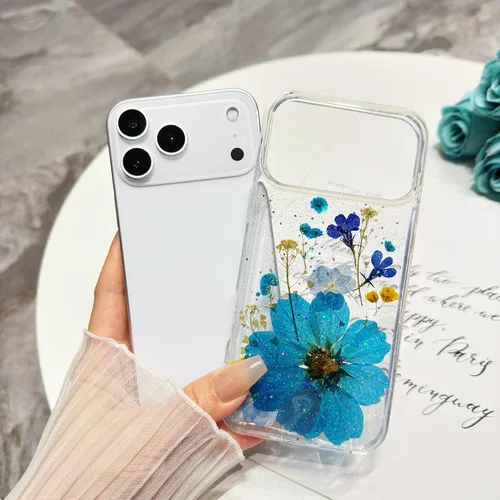 Vista 2 de Funda floral para iPhone 17 con flores reales prensadas, bonito diseño de flores secas prensadas transparentes con purpurina para mujer, suave TPU