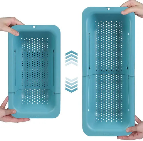 Vista 9 de BLUE GINKGO Cesta coladora para colocar sobre el fregadero, lavar verduras y frutas, escurrir la pasta cocida y platos secos, extensible, artículos