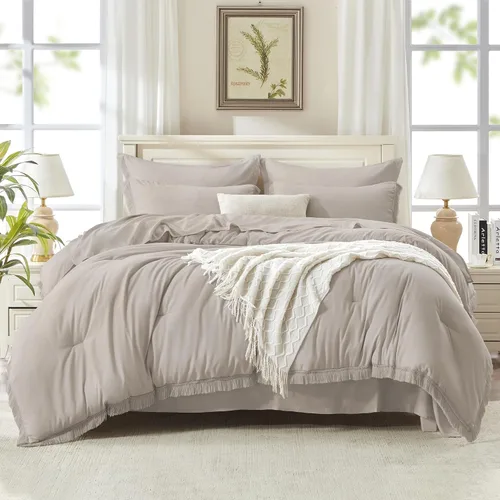 Vista 33 de Andency Juego de ropa de cama con edredón tamaño matrimonial beige con sábanas - 7 piezas, estilo bohemio con borlas, ropa de cama ligera en una 01