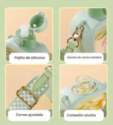 Vista 3 de NUFR Botella de agua cuadrada transparente de 24 onzas, bonita cantimplora de viaje portátil con correa ajustable, 23.7 fl oz (verde)
