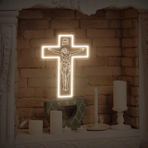 Vista 3 de Letrero de neón con cruz de Jesús, luz de neón LED de cruz de Jesús blanca cálida, hecha a mano con grabado 3D para amigos, familia, compromiso