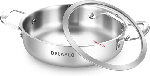 Vista 13 de DELARLO Sartén de tres capas de acero inoxidable de 10 pulgadas Sartén de freír profunda de 3QT con tapa Sartén de saltear con tapa Compatible